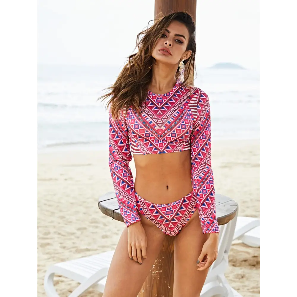 Printed Long Sleeve Top and Brief Swim Set