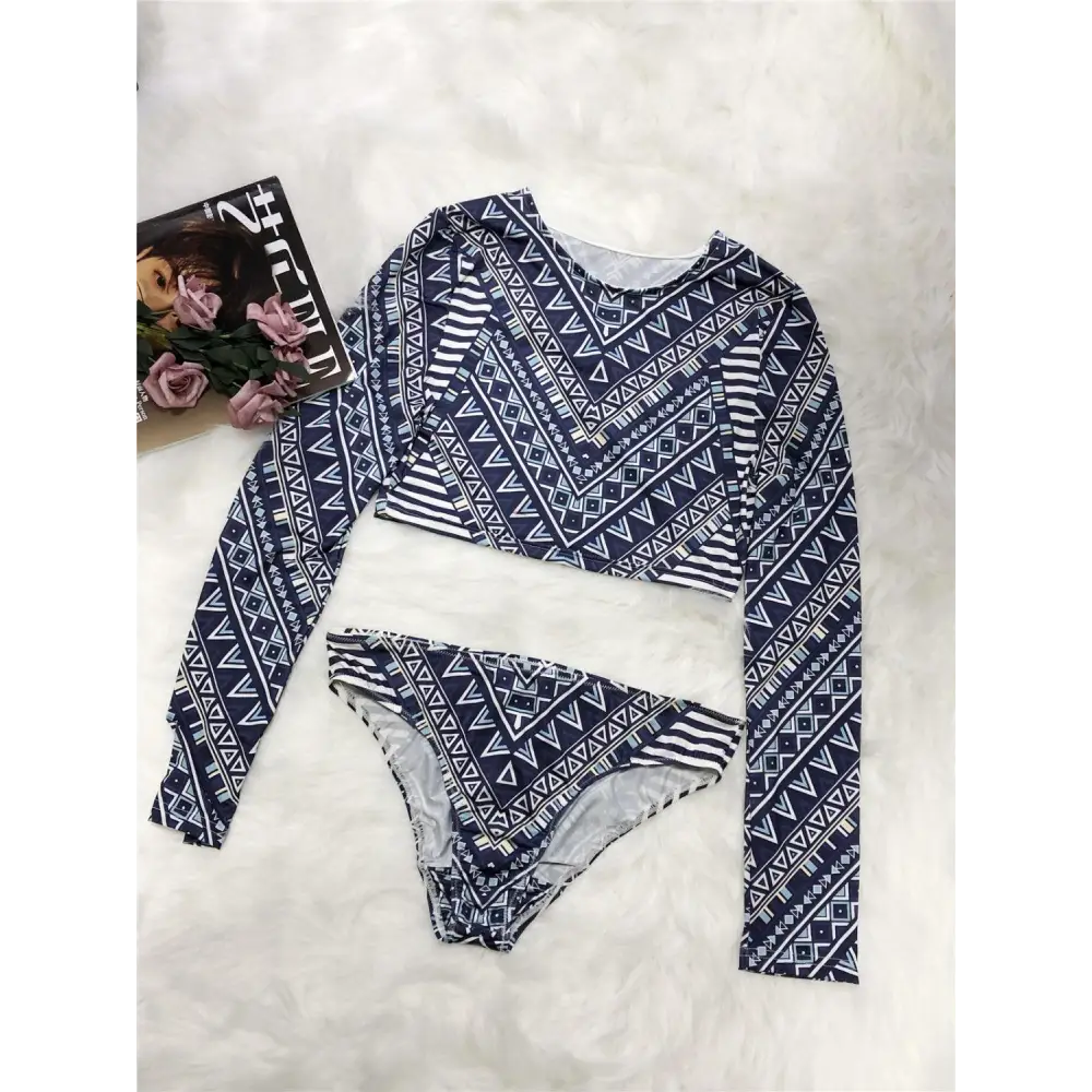 Printed Long Sleeve Top and Brief Swim Set