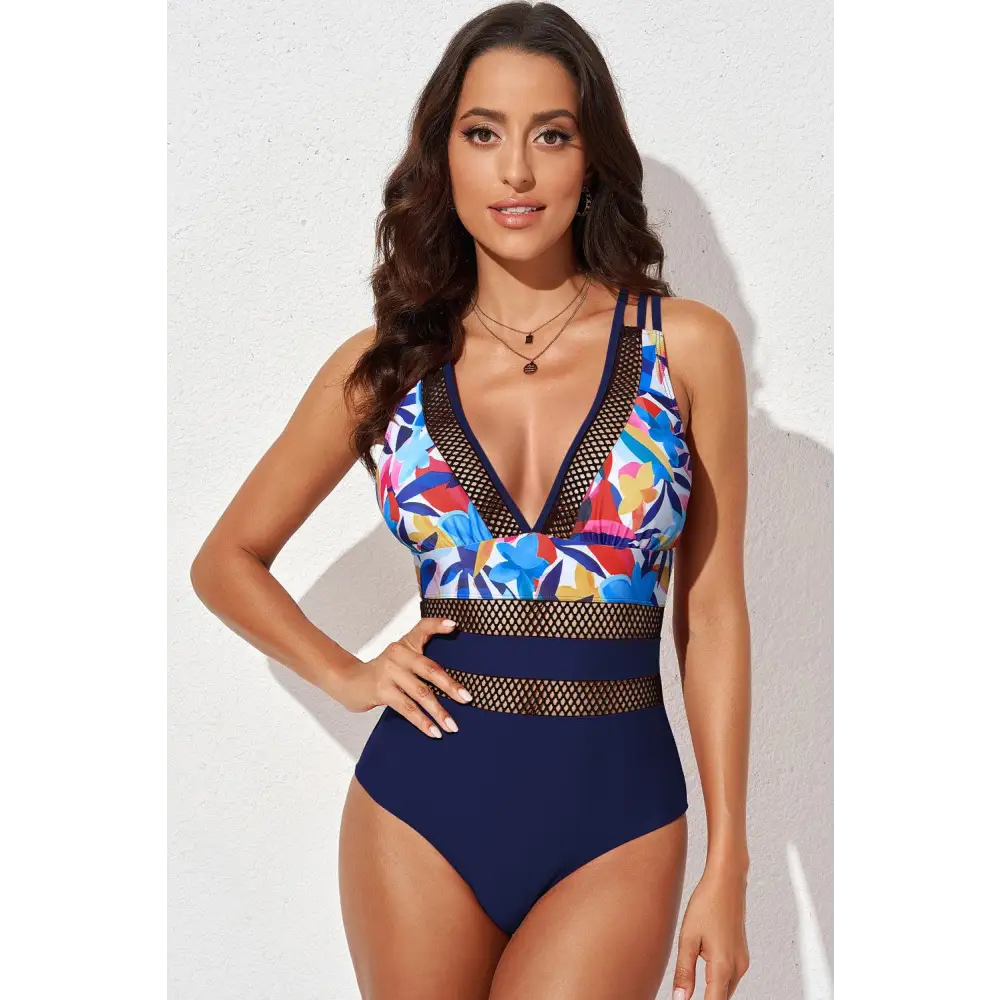 Romantic Printed Mesh Plunge One-Piece Swimsuit for Summer Allure