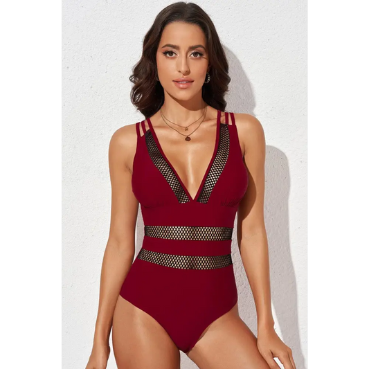 Printed Mesh Plunge One-Piece Swimsuit - CM Fashion