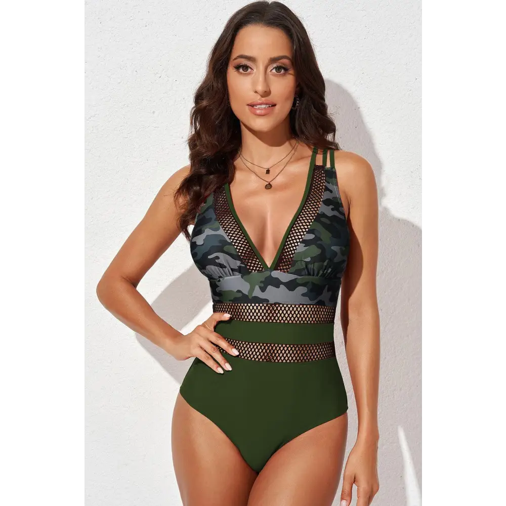 Romantic Printed Mesh Plunge One-Piece Swimsuit for Summer Allure