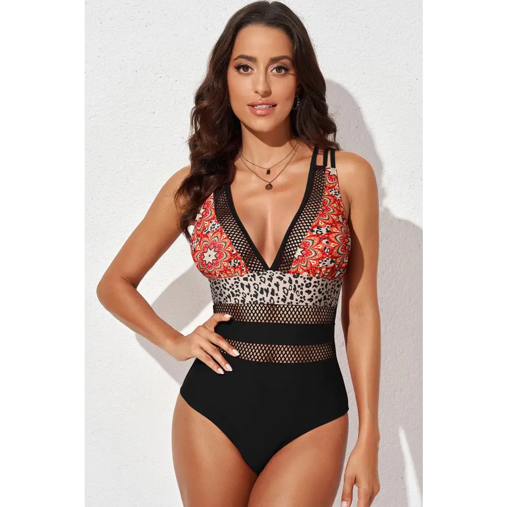 Romantic Printed Mesh Plunge One-Piece Swimsuit for Summer Allure