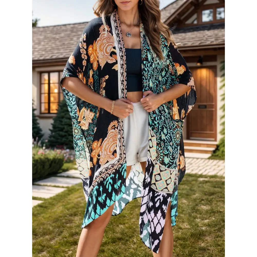 Bohemian Bliss Printed Open Kimono Beach Cover-Up