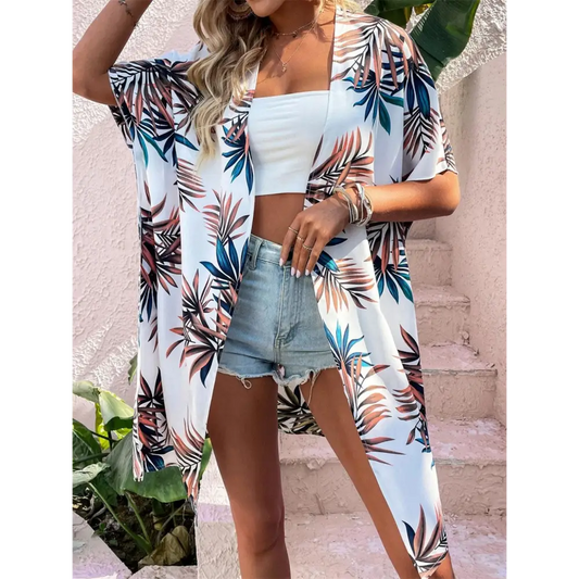 Printed Open Front Half Sleeve Cover Up - CM Fashion