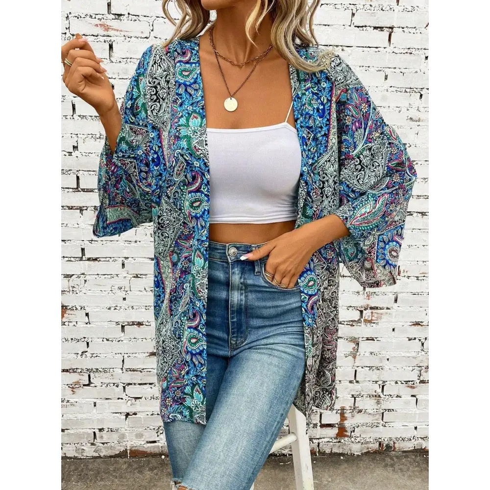 Bohemian Blue Paisley Three-Quarter Sleeve Cover Up Kimono