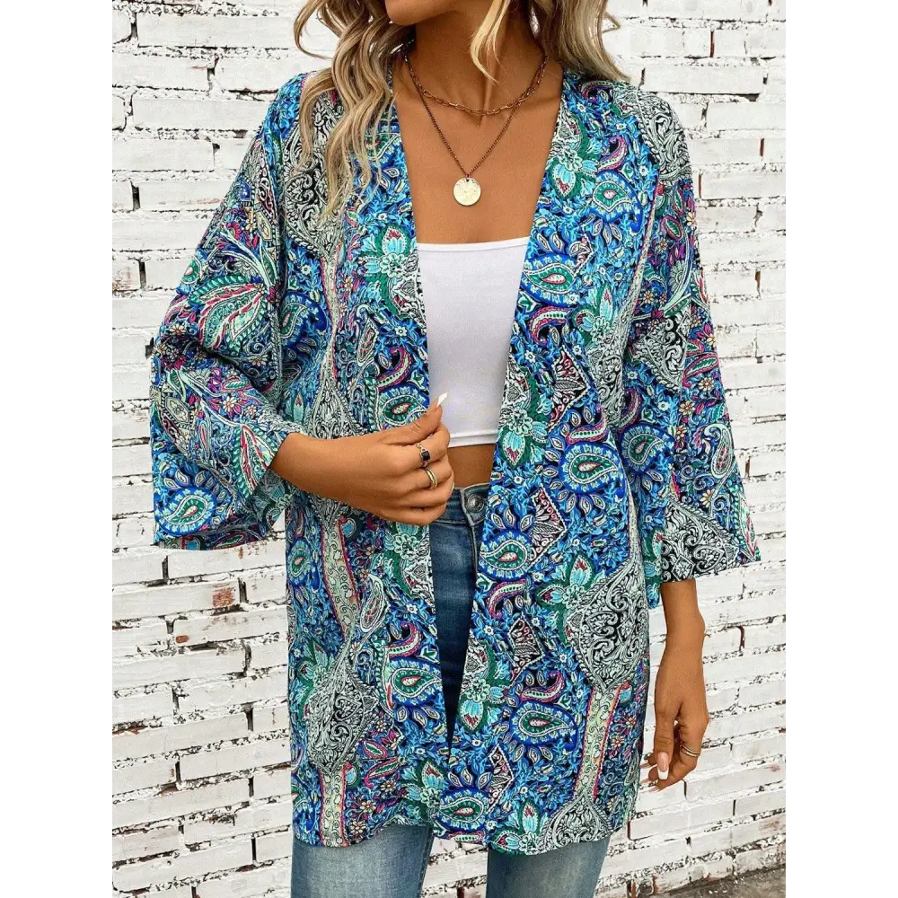 Bohemian Blue Paisley Three-Quarter Sleeve Cover Up Kimono