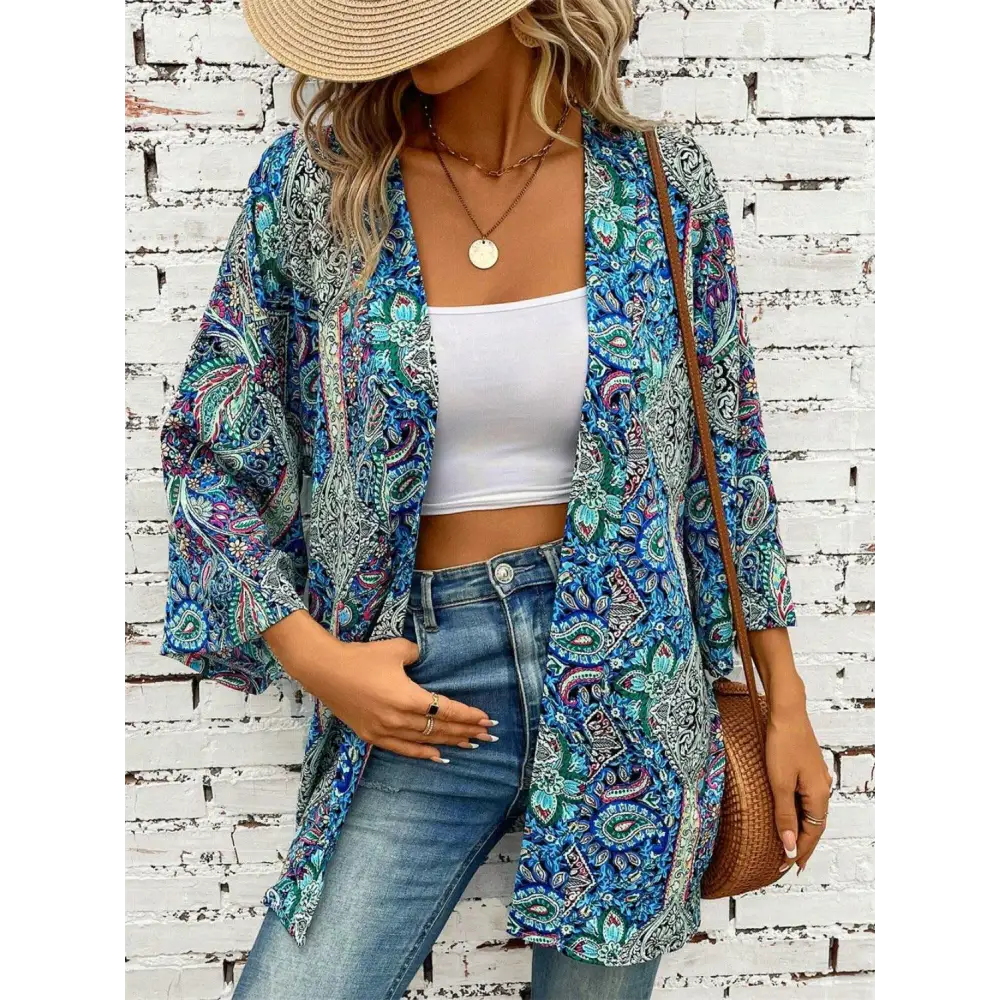 Bohemian Blue Paisley Three-Quarter Sleeve Cover Up Kimono