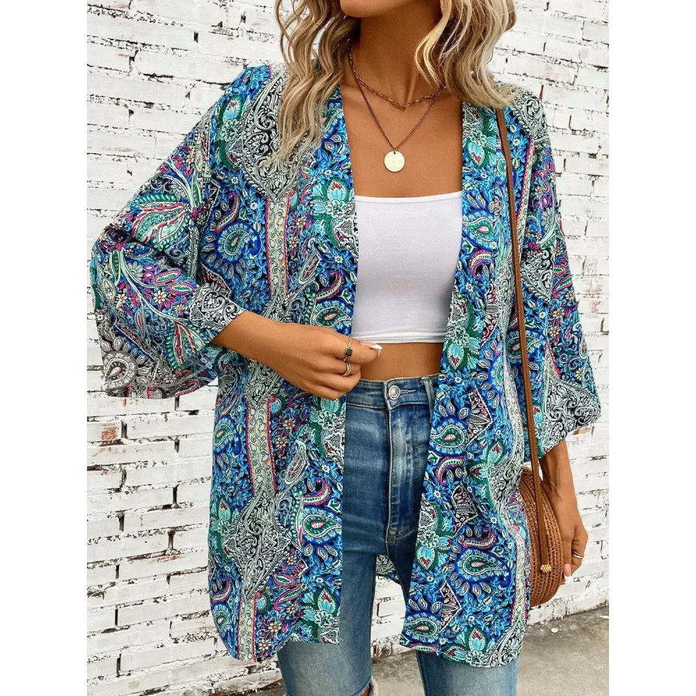 Bohemian Blue Paisley Three-Quarter Sleeve Cover Up Kimono