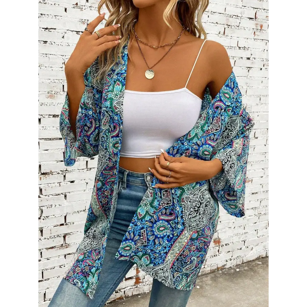 Bohemian Blue Paisley Three-Quarter Sleeve Cover Up Kimono