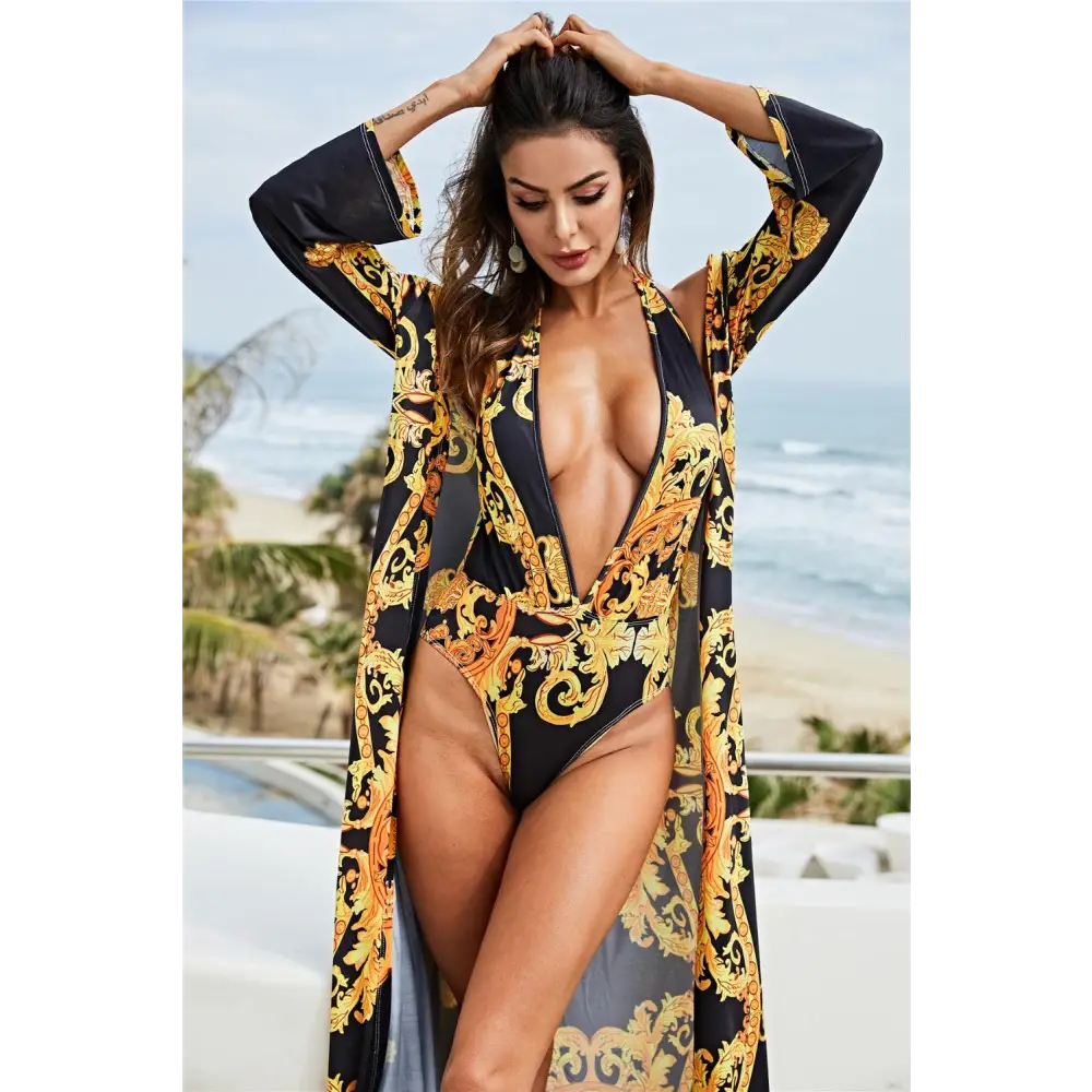 Printed Plunge One-Piece and Cover Up Swim Set