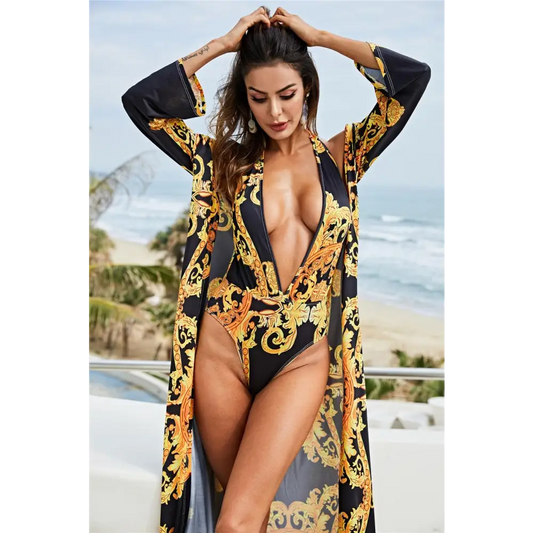 Printed Plunge One-Piece and Cover Up Swim Set - CM Fashion