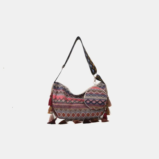 Printed Tassel Detail Crossbody Bag with Small Purse - CM Fashion