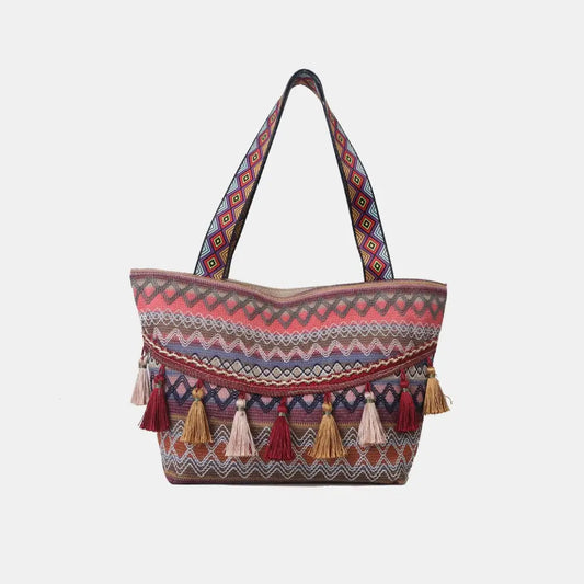 Printed Tassel Detail Tote Bag - CM Fashion