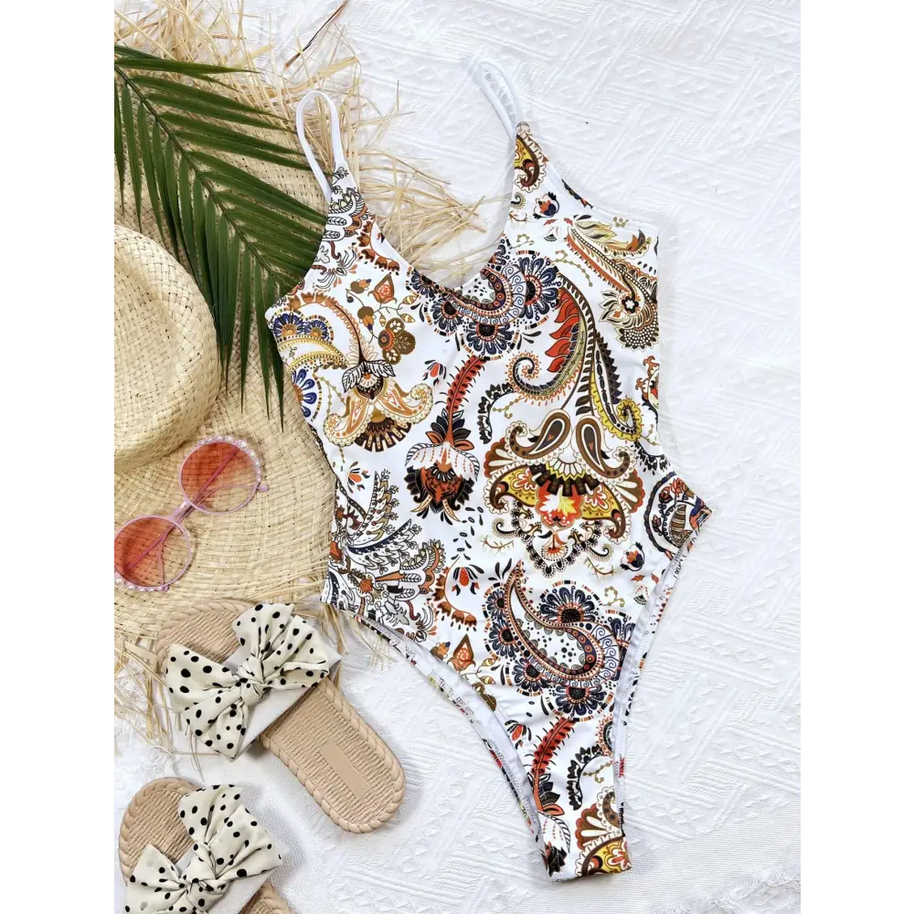 Flirty Scoop Neck One-Piece Swimsuit with Romantic Printed Tie Back