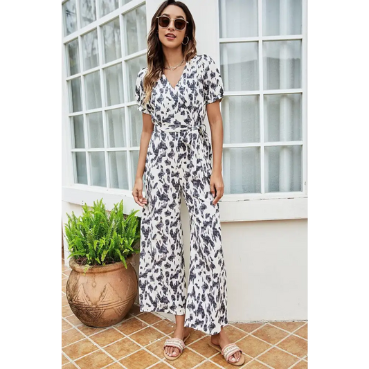 Printed Tie-Waist Surplice Jumpsuit - CM Fashion