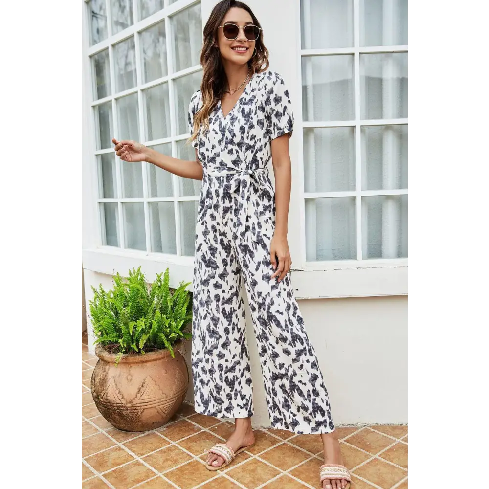 Printed Tie-Waist Surplice Jumpsuit