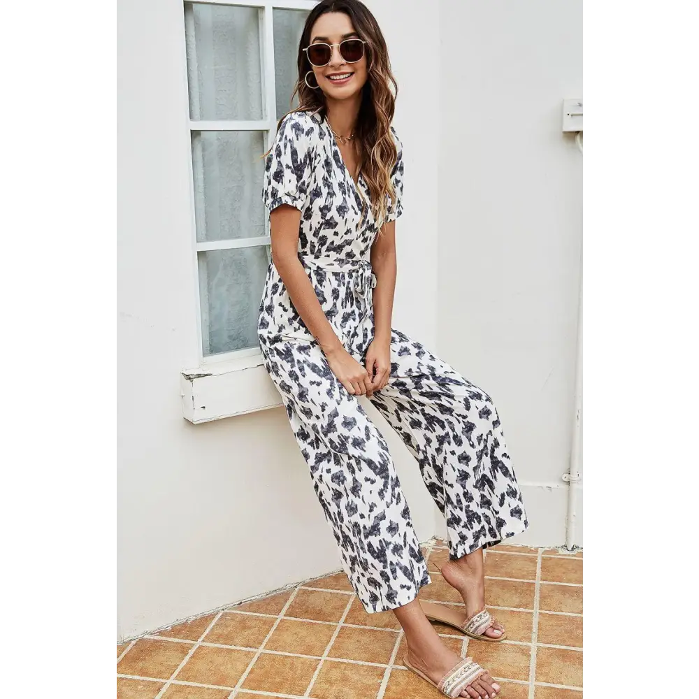 Printed Tie-Waist Surplice Jumpsuit