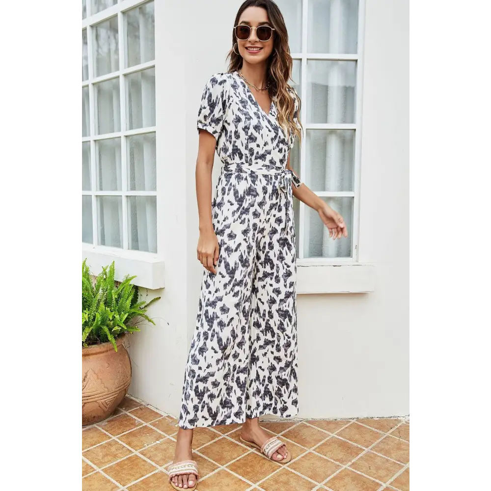 Printed Tie-Waist Surplice Jumpsuit