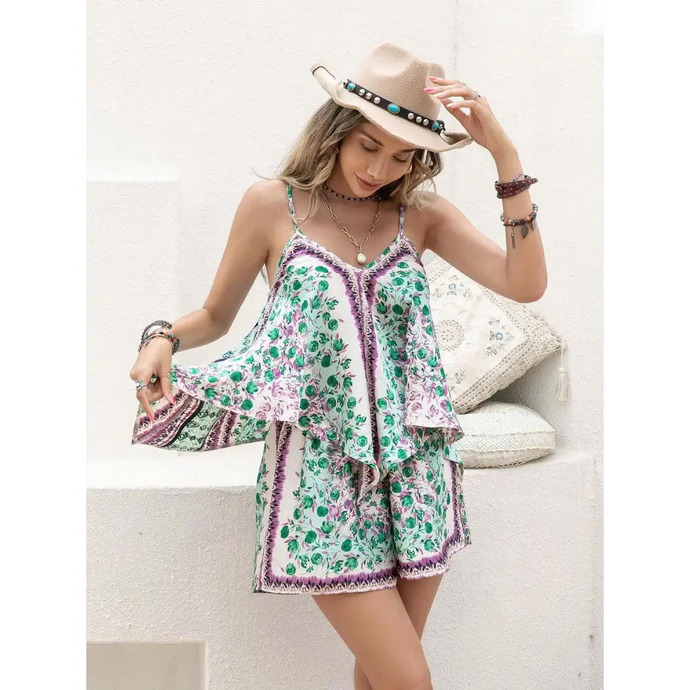 Printed V-Neck Top and Shorts Set