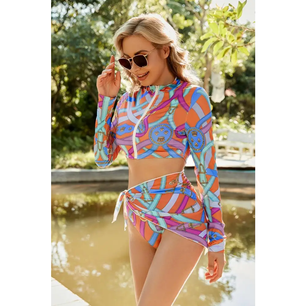 Printed Zip Up Three-Piece Swim Set