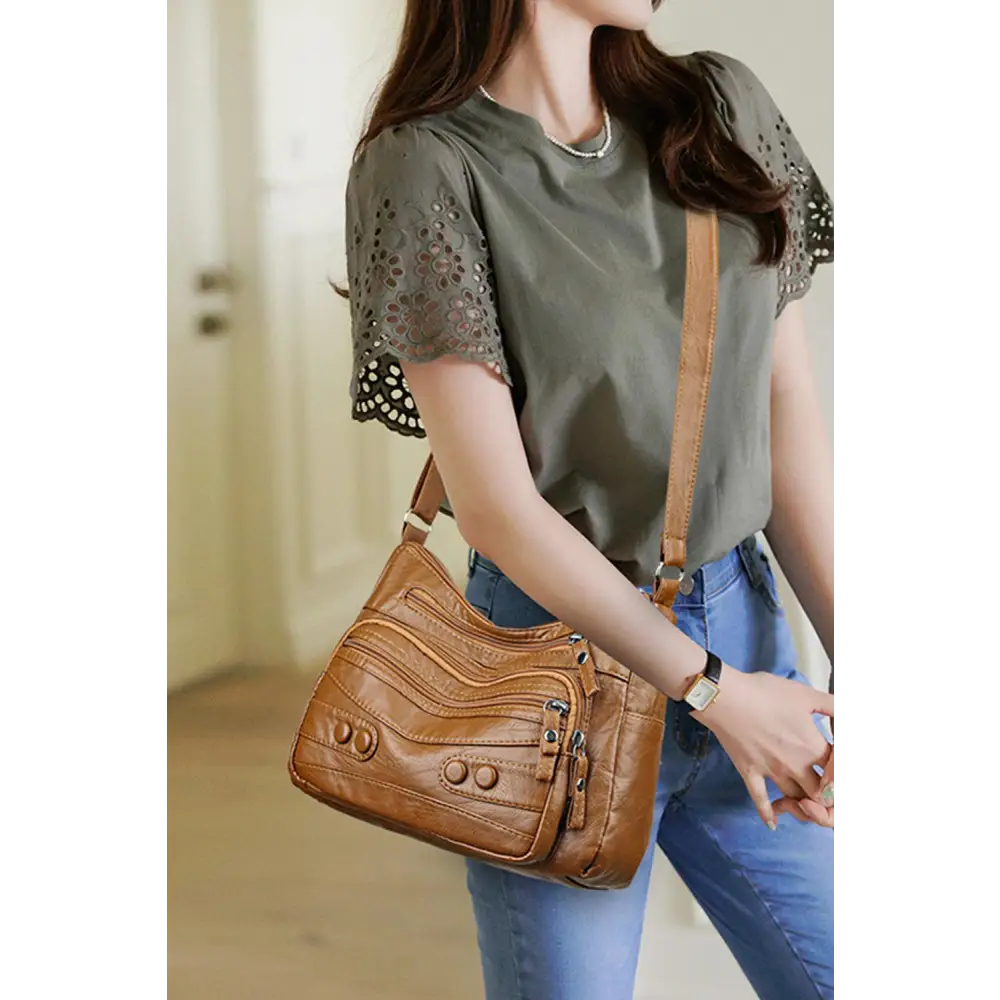 Stylish Brown Leather Adjustable Strap Shoulder Bag by Yeppi