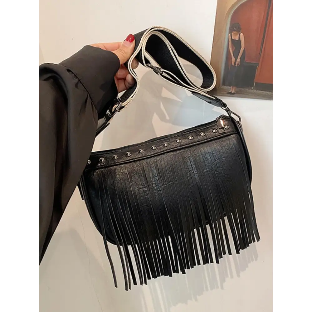 PU Leather Fringe Studded Crossbody Bag