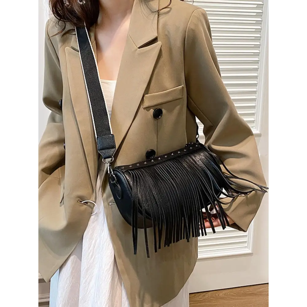 PU Leather Fringe Studded Crossbody Bag