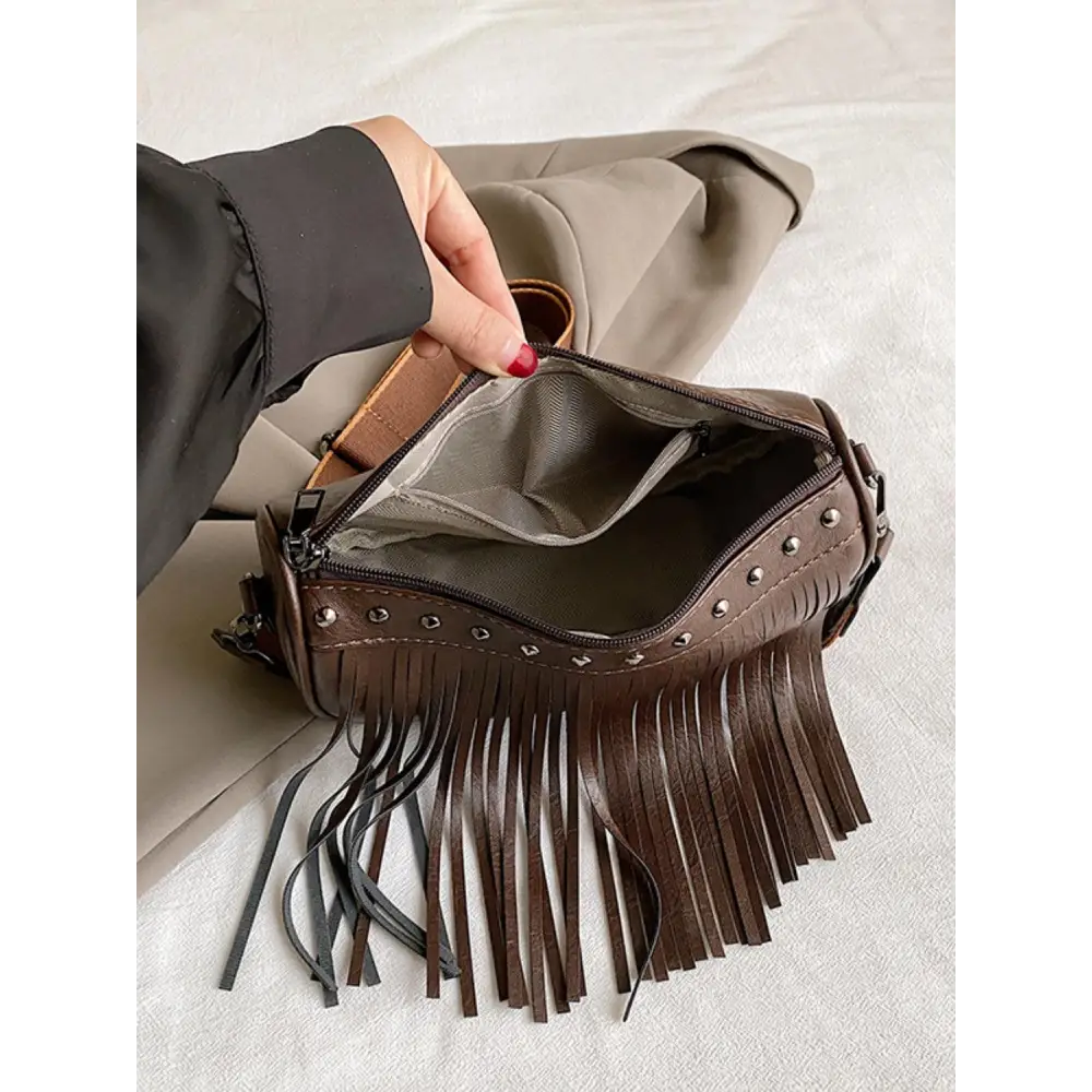 PU Leather Fringe Studded Crossbody Bag