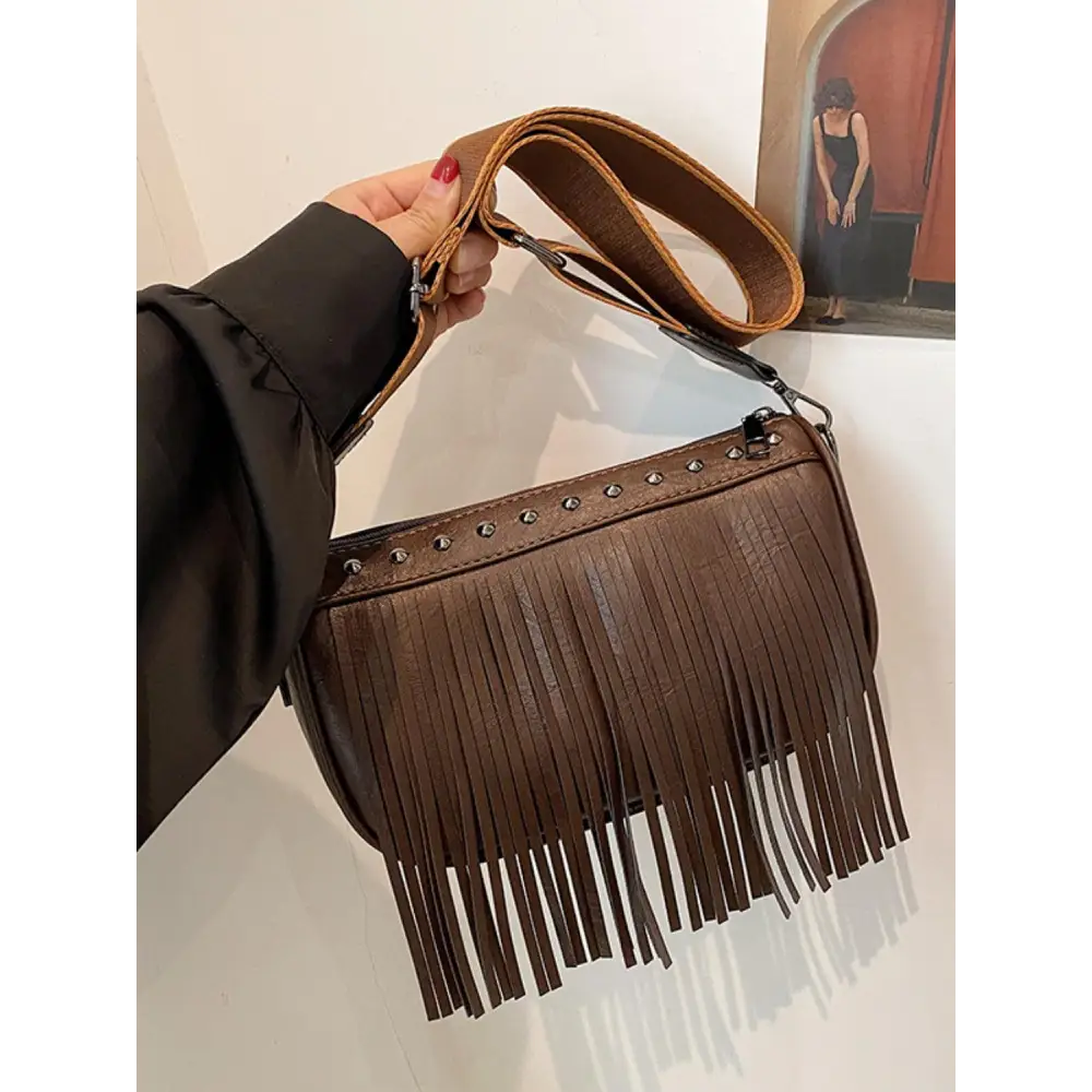 PU Leather Fringe Studded Crossbody Bag