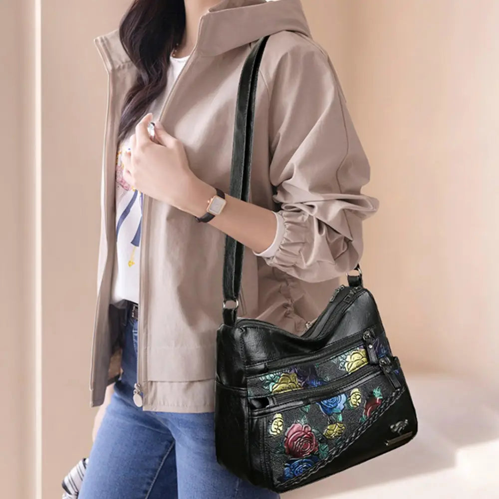 Elegant Leather Rose Pattern Shoulder Bag for Stylish Women