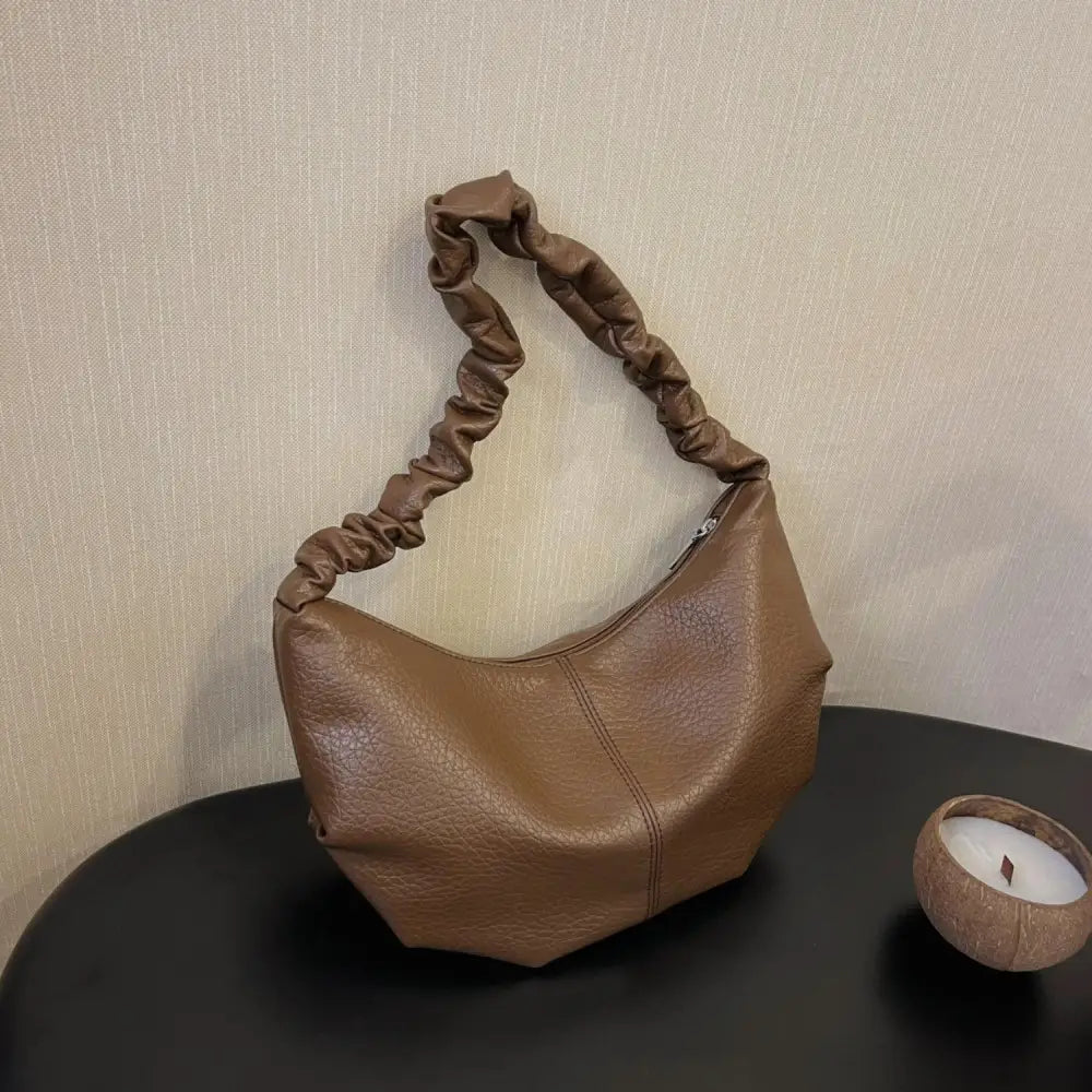 Elegant Brown Leather Shoulder Bag with Gathered Handle