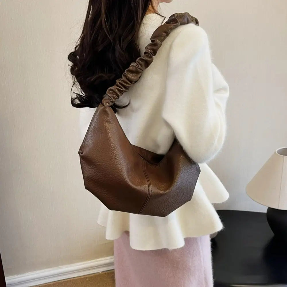 Elegant Brown Leather Shoulder Bag with Gathered Handle