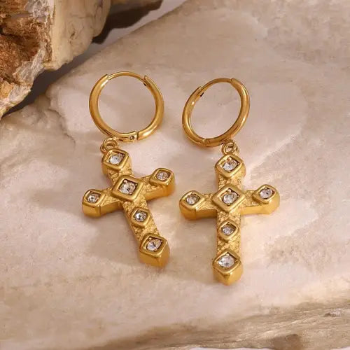 Radiant 18K Cross-Shaped Gemstone-Inlaid Earrings with High-End Design