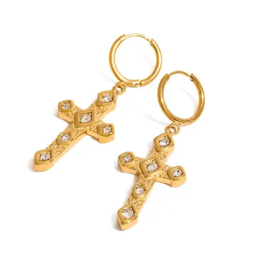 Radiant 18K Cross-Shaped Gemstone-Inlaid Earrings with High-End Design