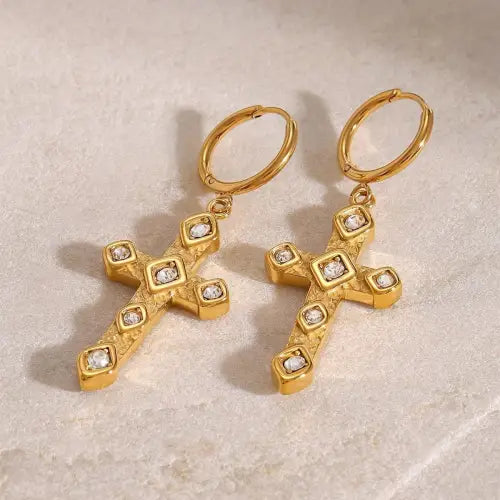 Radiant 18K Cross-Shaped Gemstone-Inlaid Earrings with High-End Design