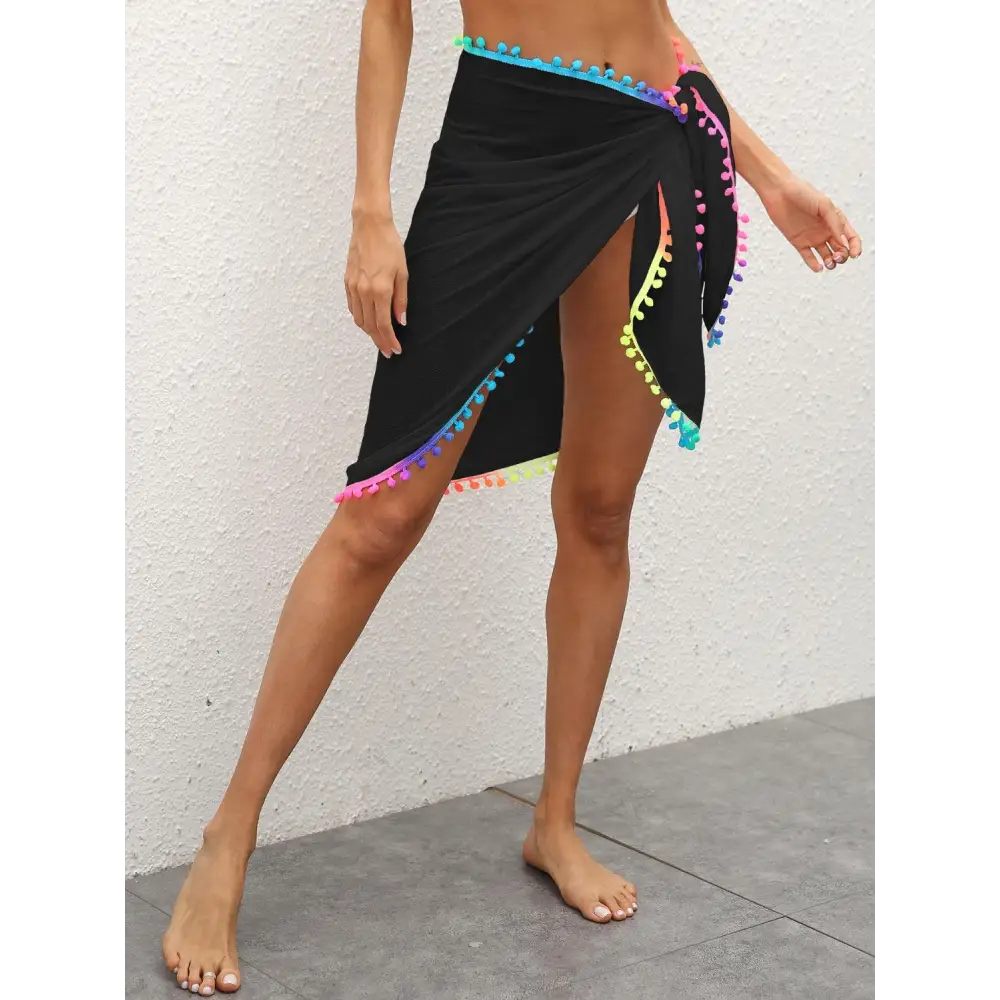 Vibrant Rainbow Pompom Trim Swim Skirt for Beach Fun