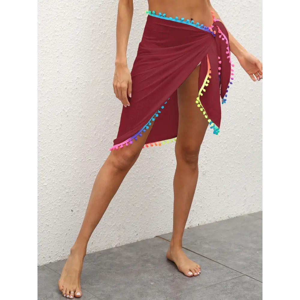 Vibrant Rainbow Pompom Trim Swim Skirt for Beach Fun