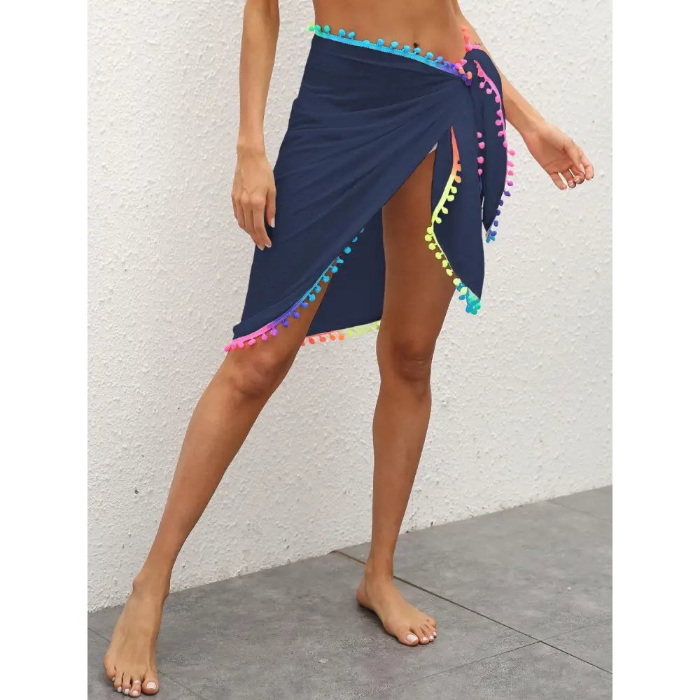 Vibrant Rainbow Pompom Trim Swim Skirt for Beach Fun