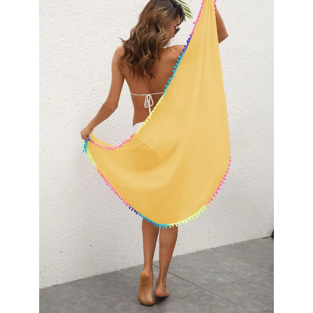 Vibrant Rainbow Pompom Trim Swim Skirt for Beach Fun