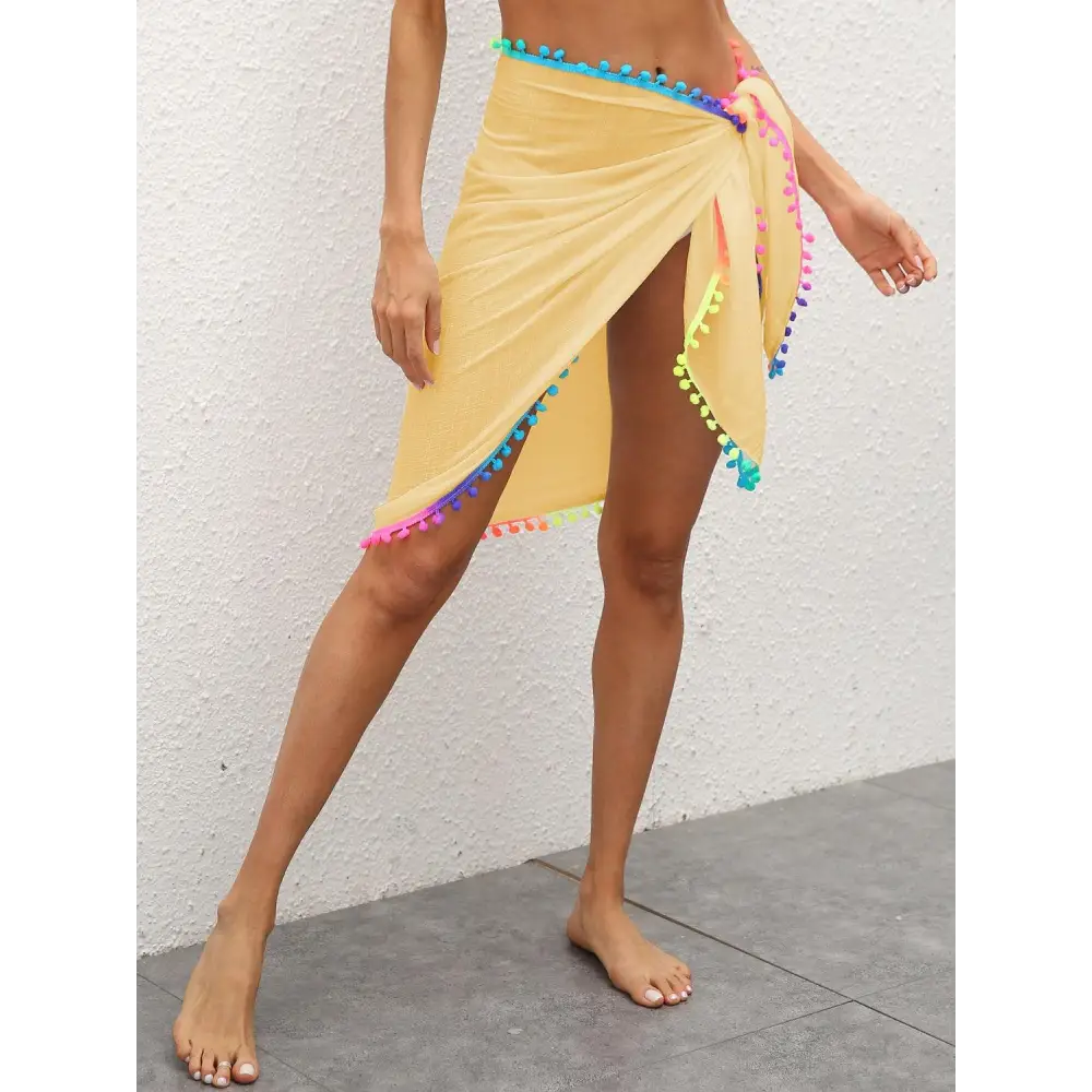 Vibrant Rainbow Pompom Trim Swim Skirt for Beach Fun