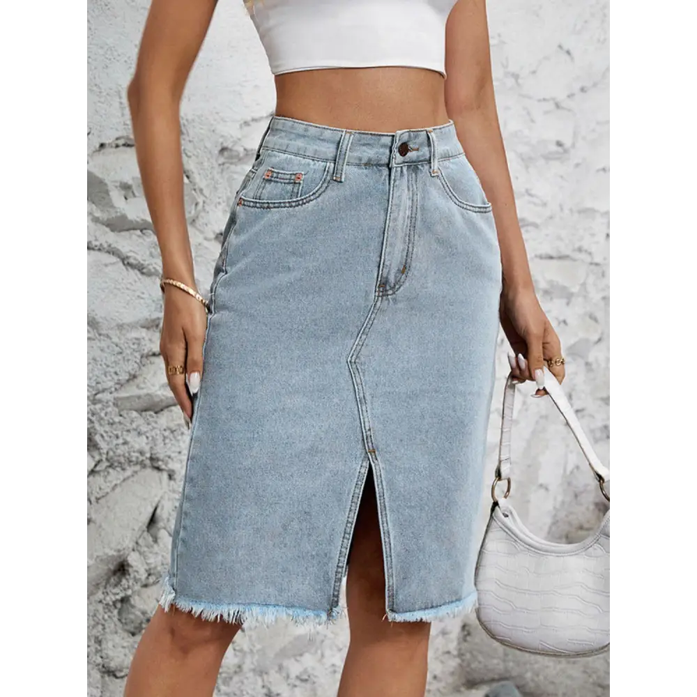 Stylish Raw Hem Slit Denim Skirt for Trendy Summer Looks