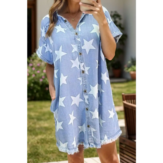 Raw Hem Star Short Sleeve Denim Dress - CM Fashion