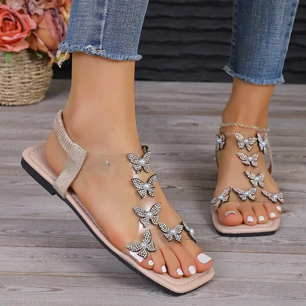 Dazzling Yoma Rhinestone Butterfly Flat Sandals for Summer Glamour