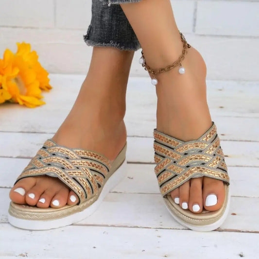 Rhinestone Open Toe Wedge Sandals - CM Fashion