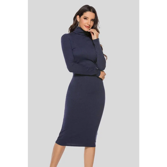 Ribbed Turtleneck Long Sleeve Dress - CM Fashion