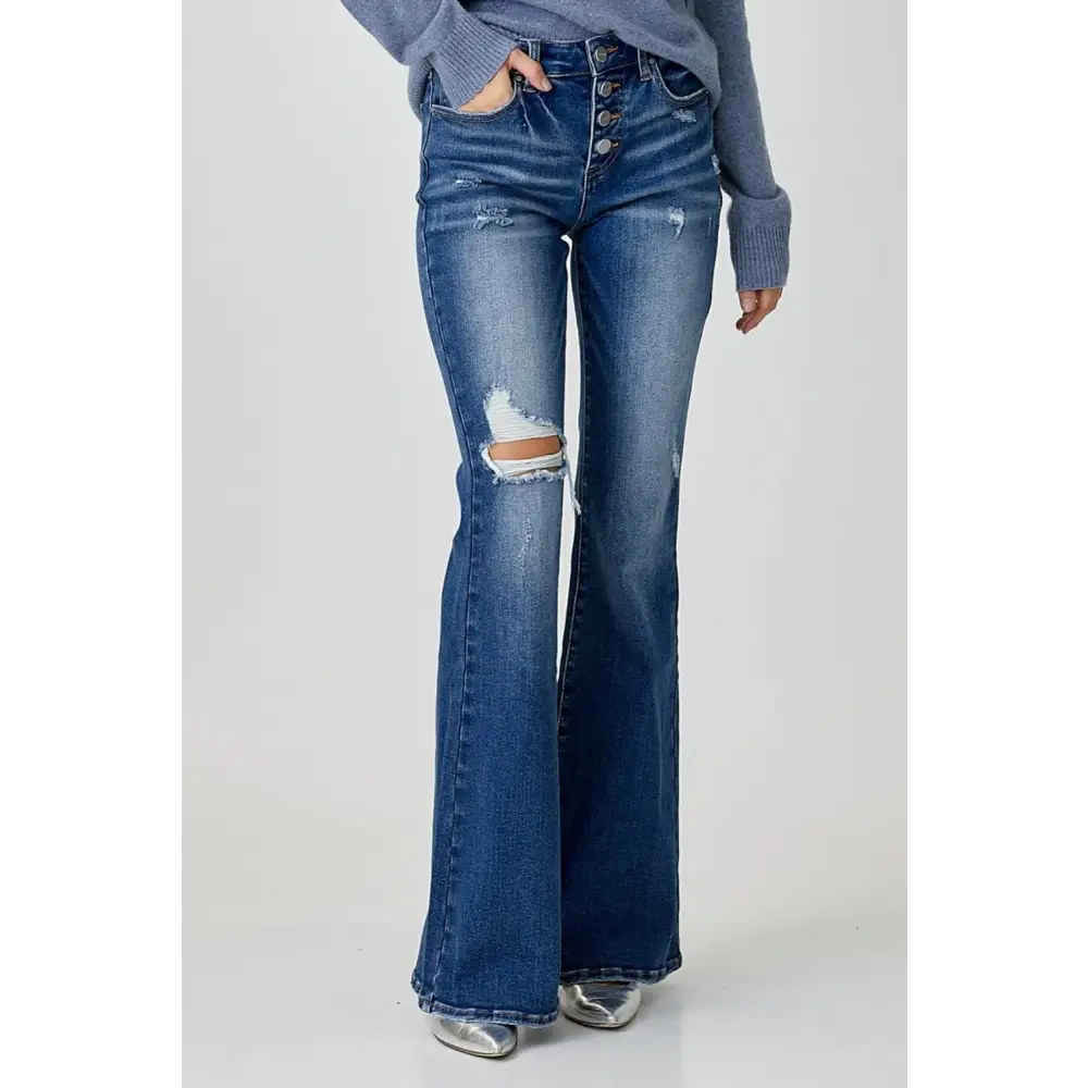 Risen Distressed Button-Fly Flare Jeans Bold Unique Design