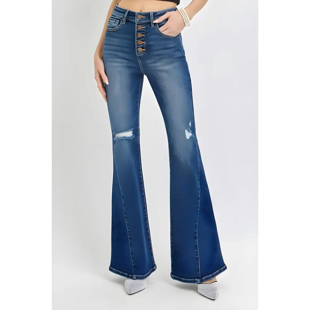 RISEN Distressed Button-Fly Flare Jeans Rock Retro Style