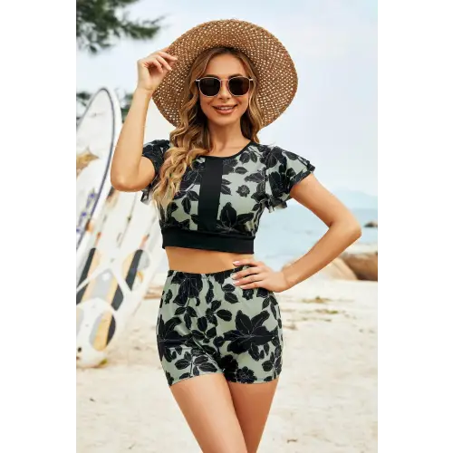 Botanical Print Flutter Sleeve Two-Piece Swim Set - Black/Sage / S - CynthiaMonica CM