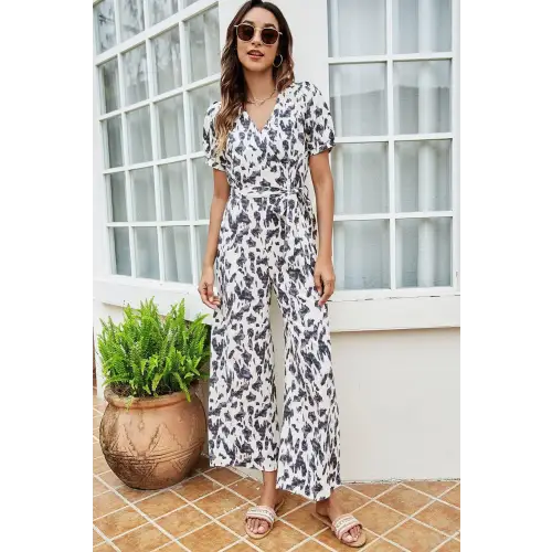 Printed Tie-Waist Surplice Jumpsuit - CM Fashion