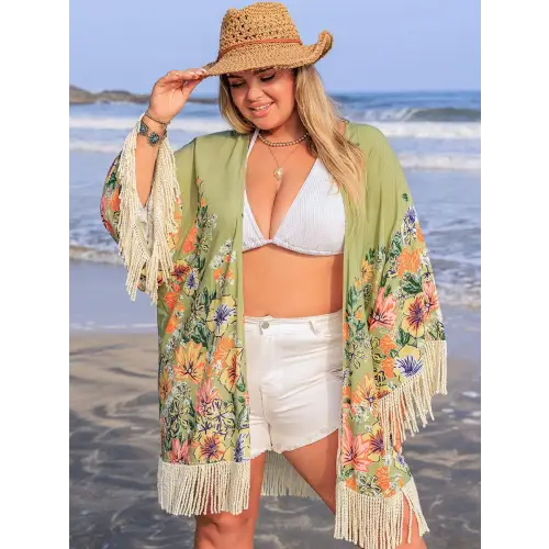 Plus Size Fringe Open Front Cover-Up - CM Fashion